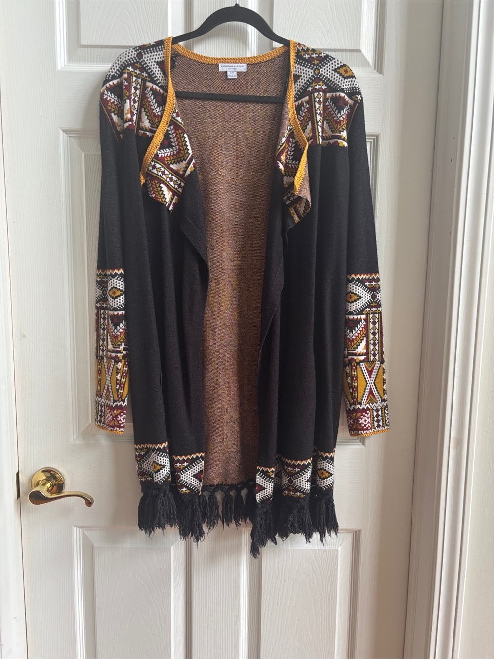 Katherine Barclay Black Open-Front Cardigan with Yellow & Cream Aztec Trim